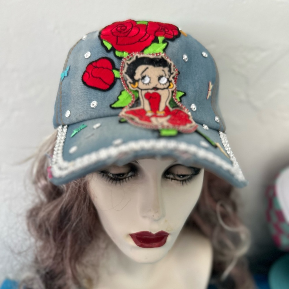 Betty Boop Embroidered Denim Baseball Cap - Denim with Red Rose Accents